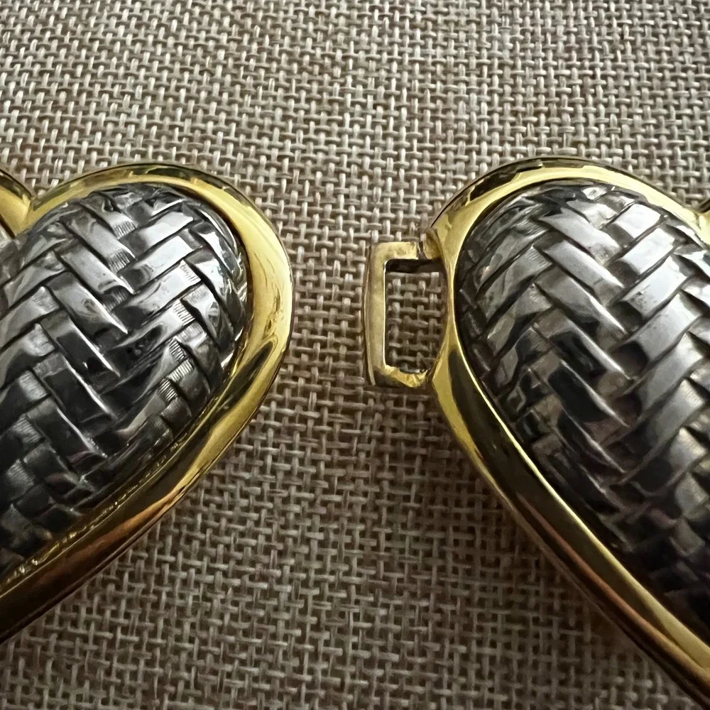 Vintage Two Tone Heart Basketweave Belt Buckle Silver Gold One Size Cottagecore